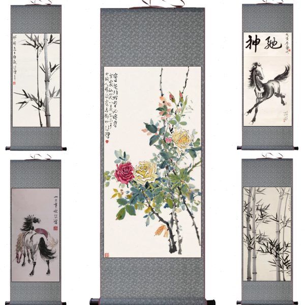徐悲鸿马到成功牡丹花鸟竹子挂画卷轴水墨画酒店靠山背景画丝绸画