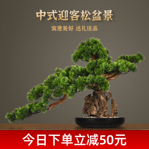 仿真迎客松盆景假树室内罗汉松植物盆栽酒店玄关中式W装饰别墅摆