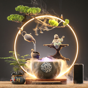 中式流水循环摆件悬壶家居客厅办公室玄关灯圈装饰品开业乔迁