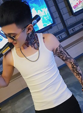 男士背心纯棉无袖透气夏季紧身弹力工字汗衫跨栏R吊带黄色运动打