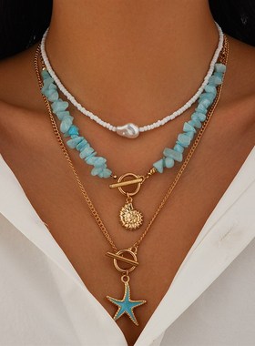 3件套海星仿松石米珠项链套装 夏季时尚网红旅行拍W照叠戴锁骨链