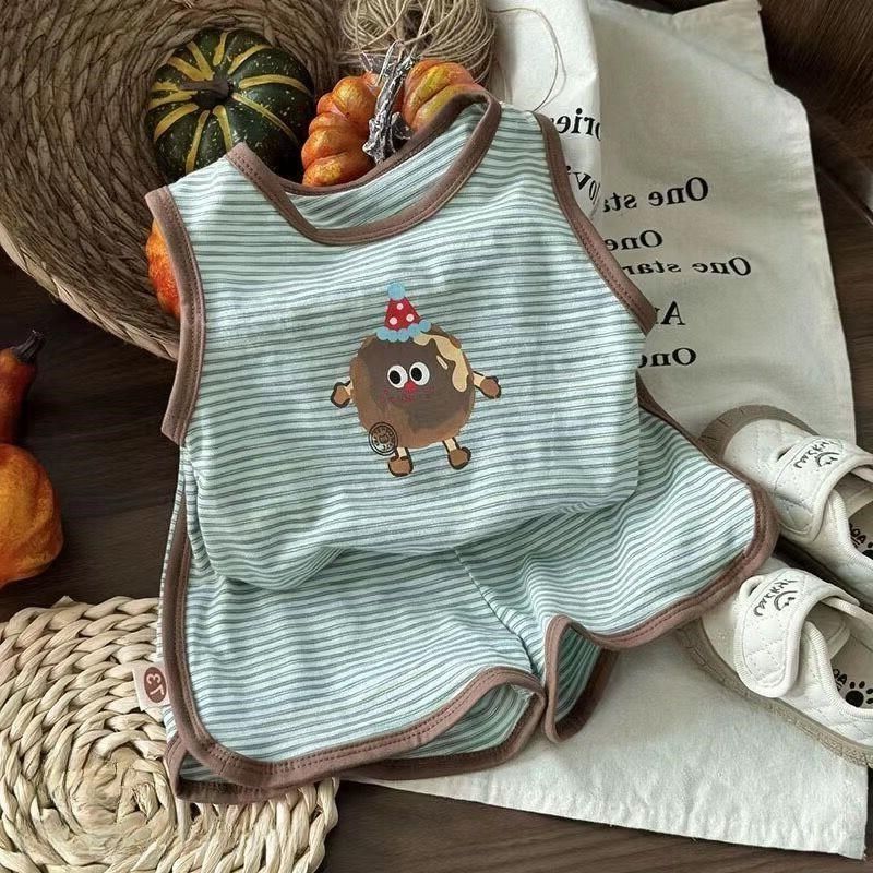 儿童无袖条纹短裤套装夏季薄款男女E宝宝卡通薄款时尚背心拼色运