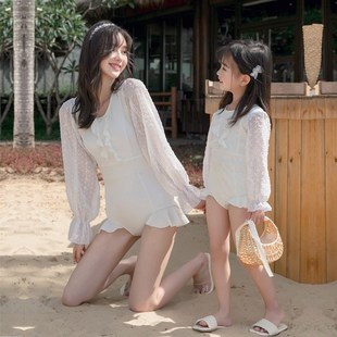 女童O女孩游泳衣沙滩泳装 亲子泳衣母女长袖 白色儿童连体裙式 新款