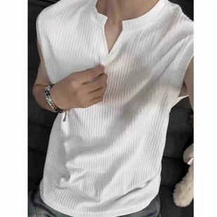 速干 T恤美式 干运动 凉感透气冰丝无袖 肌理感小V领坎肩背l心男夏季