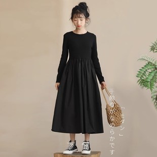 赫本风黑色连衣裙女童秋p冬装2024新款长裙初中学生长款显瘦打底