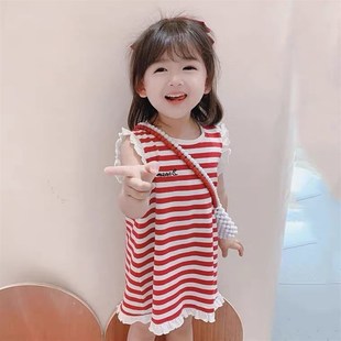 T恤洋气M儿童连衣裙韩版 无袖 宝宝2裙 背心裙条纹2022新款 女童夏装