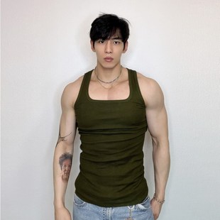 坎肩打底汗衫 夏季 纯色训练无袖 健身运动方领螺纹背x心男修身 美式