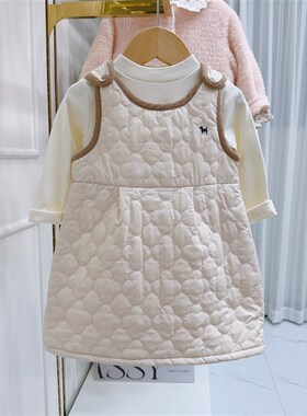韩国童装 24冬新款女童宝洋气白色长袖T恤O+夹棉背心裙洋气套装