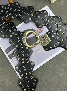 复古不规则腰带女士配裙子装饰毛衣西装铆钉K皮带宽版腰封2024新