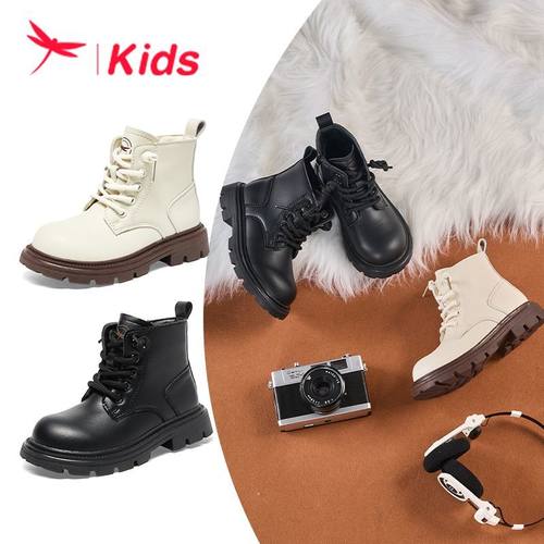 红蜻蜓儿童鞋2025冬季新款薄绒短靴男女中大童英伦风马丁靴皮靴子