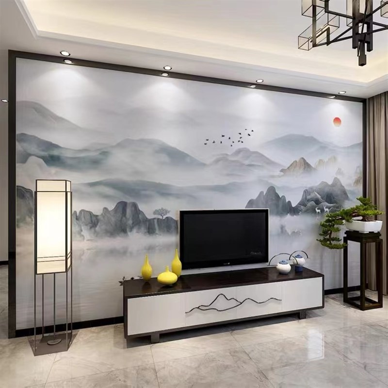 定制竹木纤维墙板水墨山水画电视背景墙酒店沙发护墙板办公室扣板
