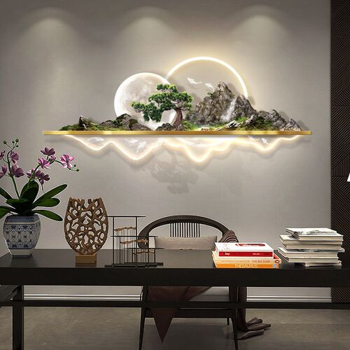 流水生财客厅装饰画沙发背景墙D立体浮雕山水壁画ld灯发光挂画