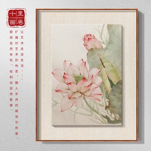 莲手绘油画新客厅装饰画荷叶运连连复古国画玄关挂画