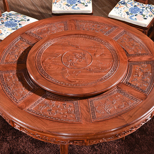 红木餐桌家用小户型刺猬紫檀椅桌子客厅家用实木转盘圆餐台梨木