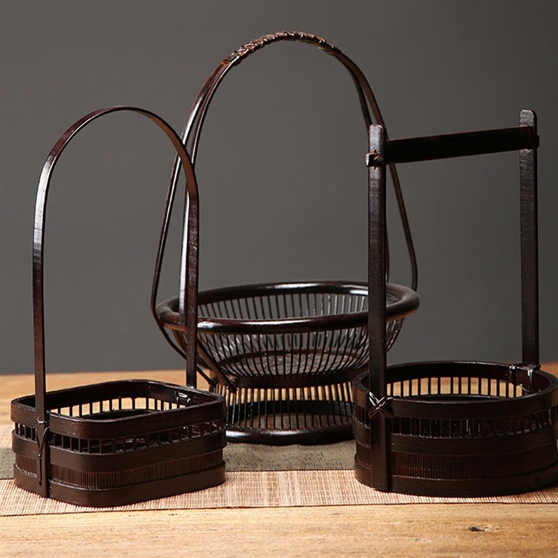 手工竹编大漆提手迷你果篮果盘复古竹制插花篮藤编花器小花架