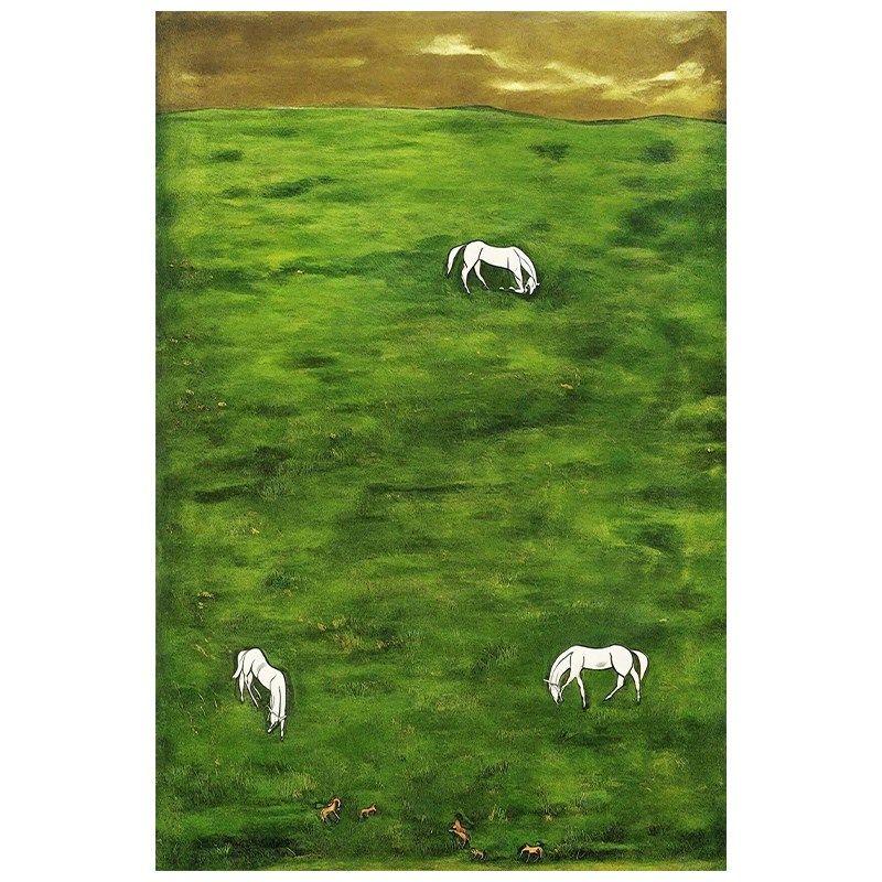 法式中常玉草坪骏马客厅饰挂画复古动物玄关背景墙手绘油画