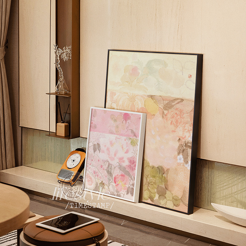 花青奶油原木风客厅沙发背景墙装饰画玄关挂画大幅荷花壁画艺术感图片