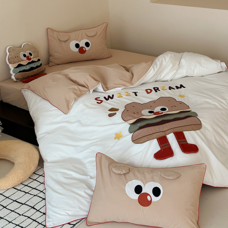 可爱汉堡包卡通刺绣全棉水洗棉C牀上四件套被套牀单宿舍三件套,床上用品,床品套件/四件套/多件套,淘宝优惠券,粉丝福利购,淘宝优惠卷