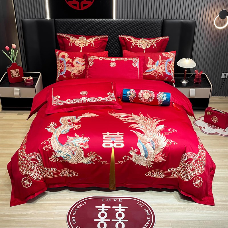 婚庆四件套大红龙凤刺绣结婚被套新房H嫁礼喜庆被罩床上用品六件