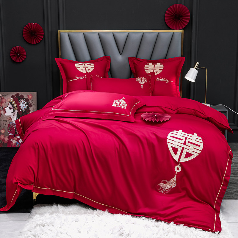 结婚四件套大红全m棉简约刺绣中式新房婚庆床上用品喜被床单笠,床上用品,婚庆床品套件,淘宝优惠券,粉丝福利购,淘宝优惠卷