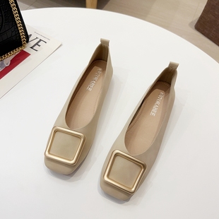 春夏季2023新款豆豆p鞋秋大码瓢鞋软皮时尚浅口方头低跟方跟女单