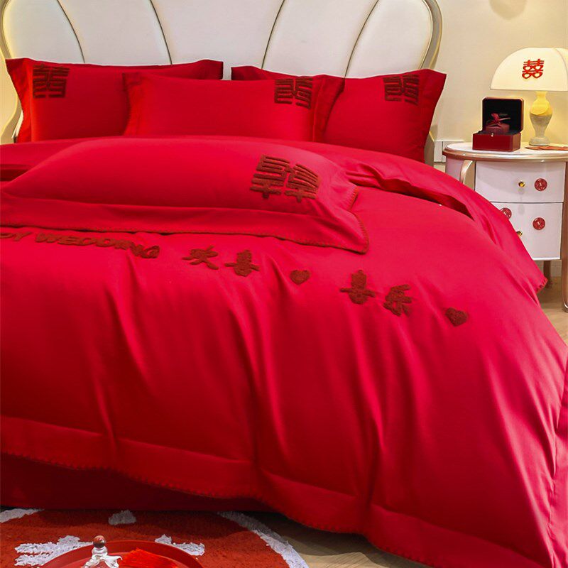 中式婚庆四件套大红色床单喜被婚嫁婚J房简约被套结婚床上用品,床上用品,婚庆床品套件,淘宝优惠券,粉丝福利购,淘宝优惠卷