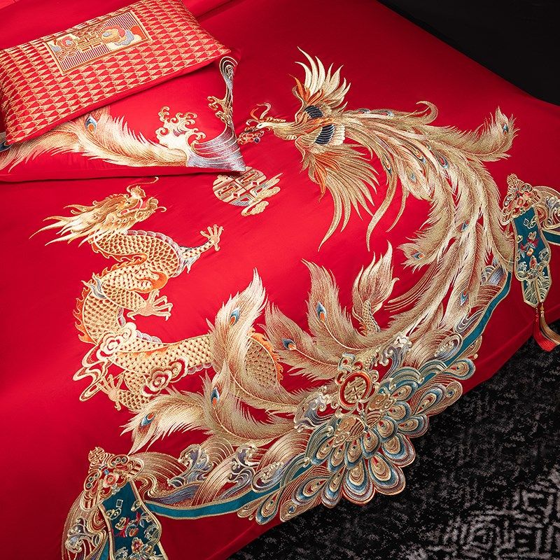 奢华龙凤刺绣全棉结婚四件套新中式I大红喜被婚庆陪嫁床上用品,床上用品,婚庆床品套件,淘宝优惠券,粉丝福利购,淘宝优惠卷