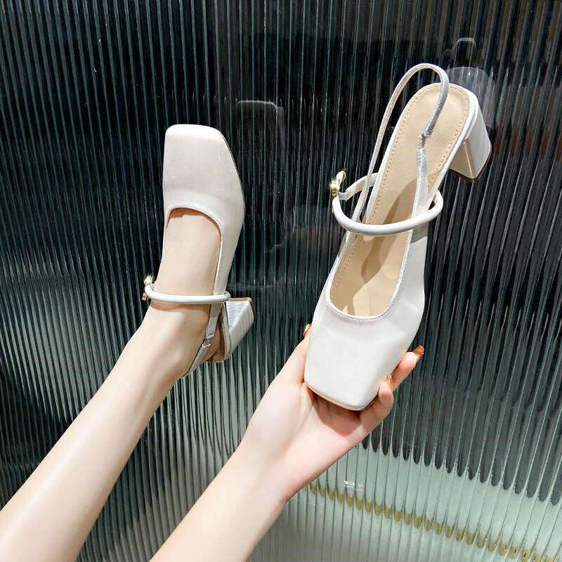 韩版百搭方头后空j一字带凉鞋女2025年夏季新款粗跟单鞋5cm高跟鞋