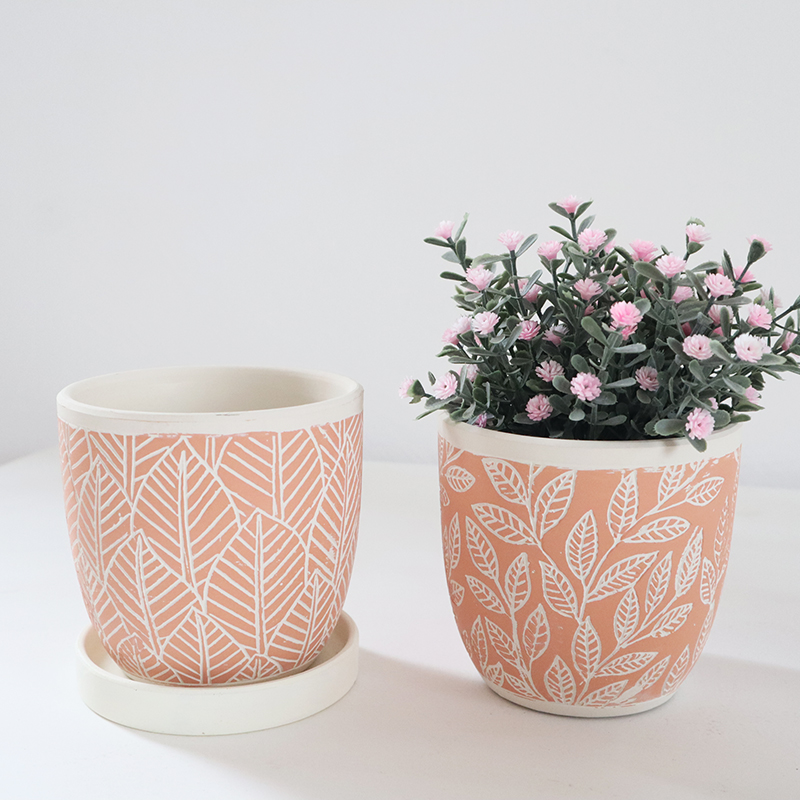 北欧简约雕刻树叶纹理圆形陶瓷花盆米白黄多肉绿植桌面手工小陶盆