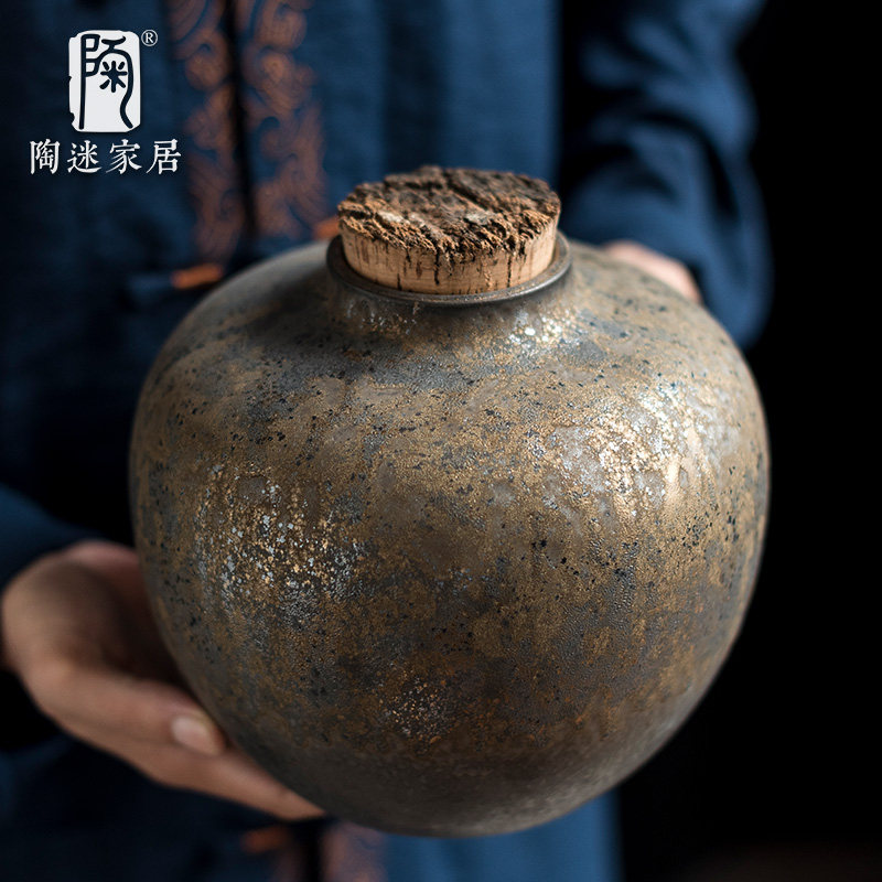 陶迷密封茶叶罐鎏金釉复古茶苍橡木塞防潮大容量普洱茶罐