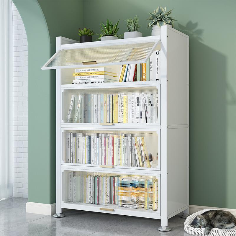 家用钢制置物架落地客厅铁艺上翻门防尘书柜储物架带门儿童书架