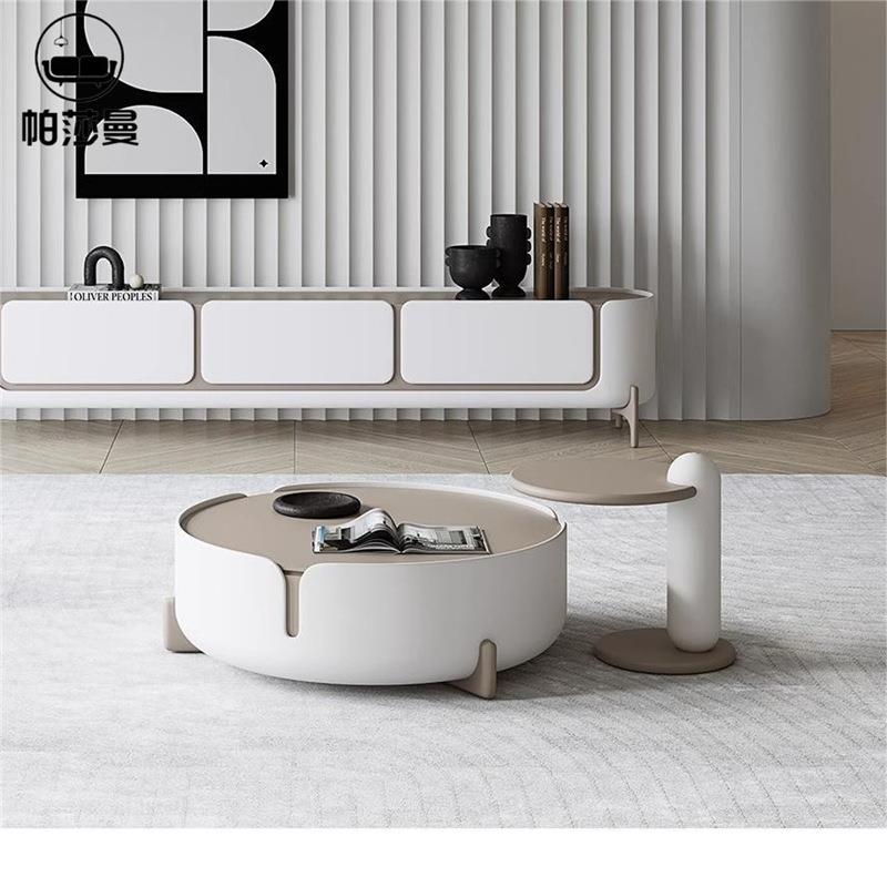 法式奶油风茶几简约客厅家用电视柜组合意式圆形温柔风茶几电视柜