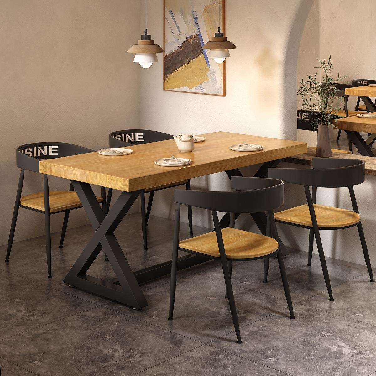 工业风实木铁艺餐厅长方形饭店餐饮店食堂餐馆餐桌椅组合桌子1042