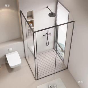 极窄L型侧移门淋浴房干湿分离玻璃隔断小户型卫生间内飞侧滑浴屏