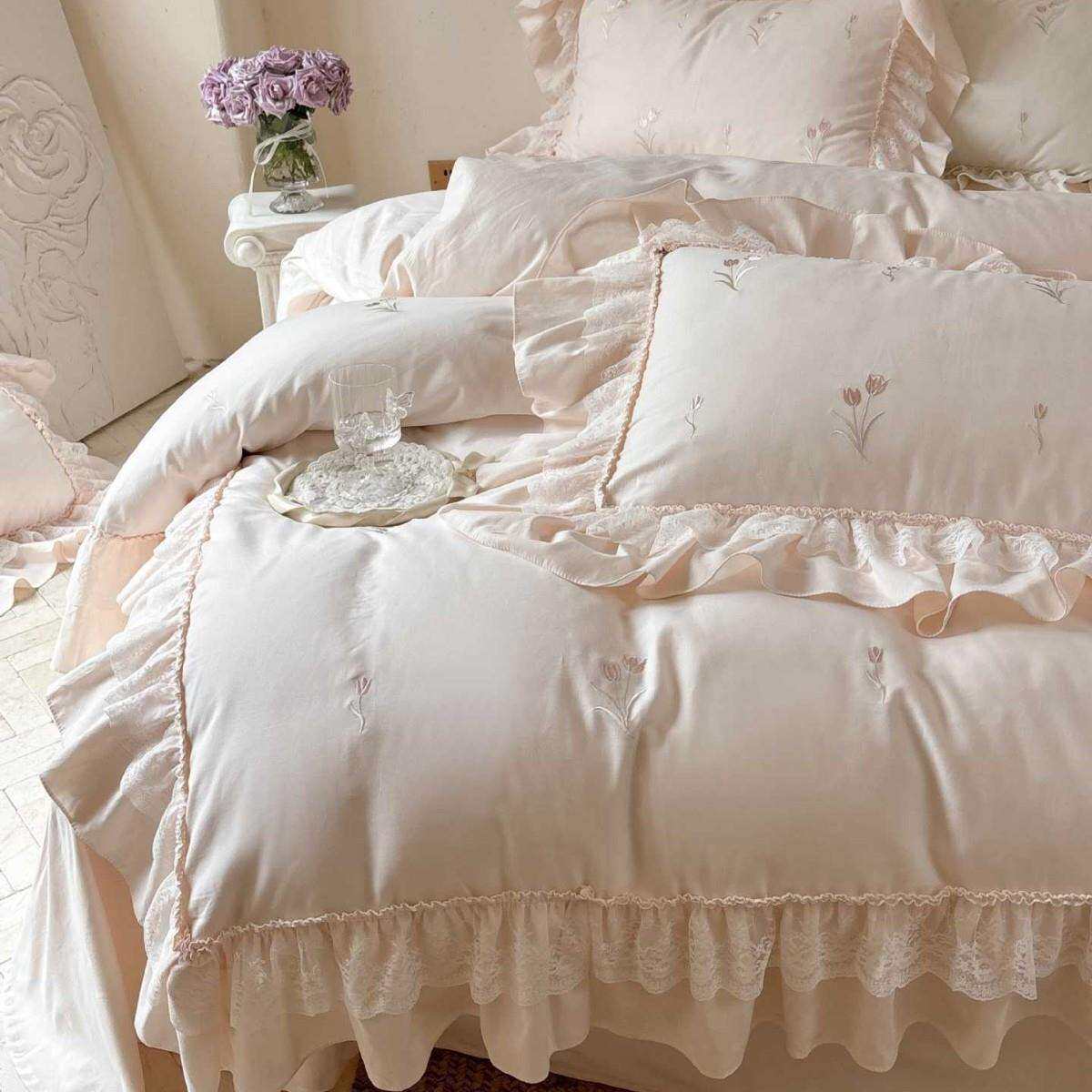 少女心全棉磨毛四件套花卉刺绣加厚被套雪纺百褶花边床品