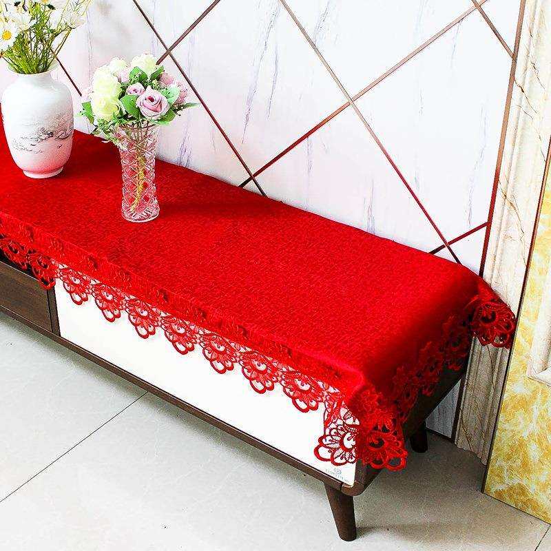 大红色喜庆蕾丝花边餐桌布结婚房电视柜盖布茶几防尘布长方形圆