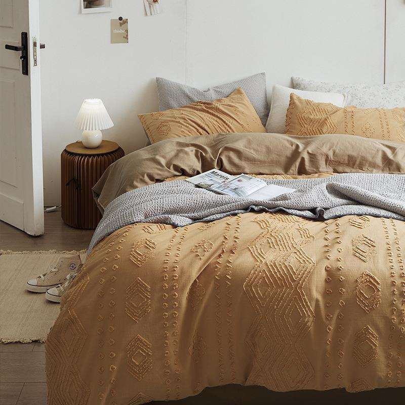 全棉洛克剪花焦糖色四件套工艺款被套纯棉床单床上用品