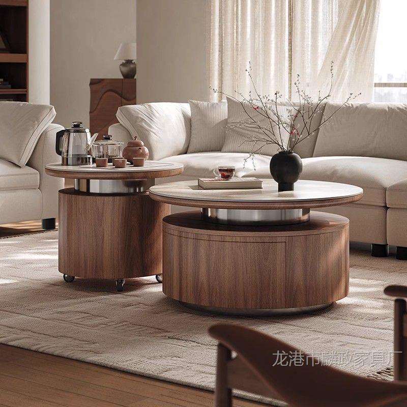 茶几客厅家用小户型轻奢高级感可移动带泡茶一体岩板圆形组合边几
