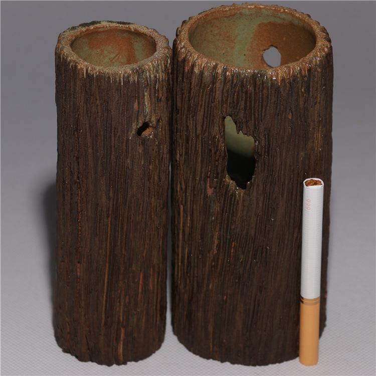 龙砂陶自产自销宜兴紫砂粗陶朽木花器矮圆仿树桩花插一套