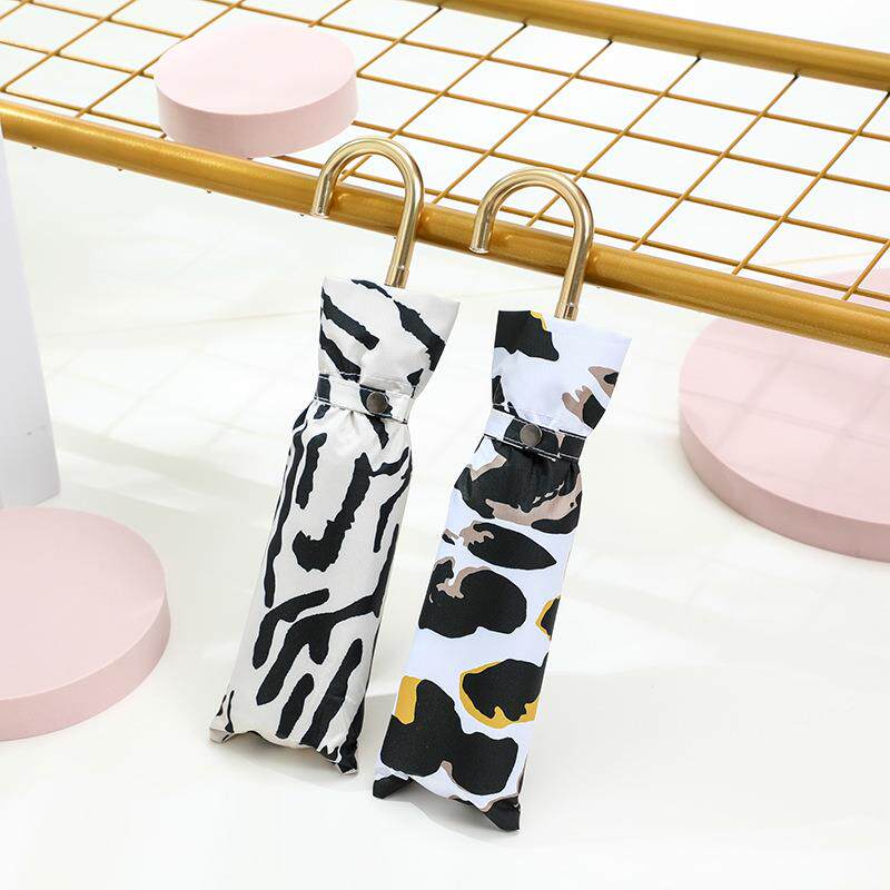 豹纹弯钩三折伞黑胶防晒太阳伞日系女晴雨伞小巧便携创意遮阳伞