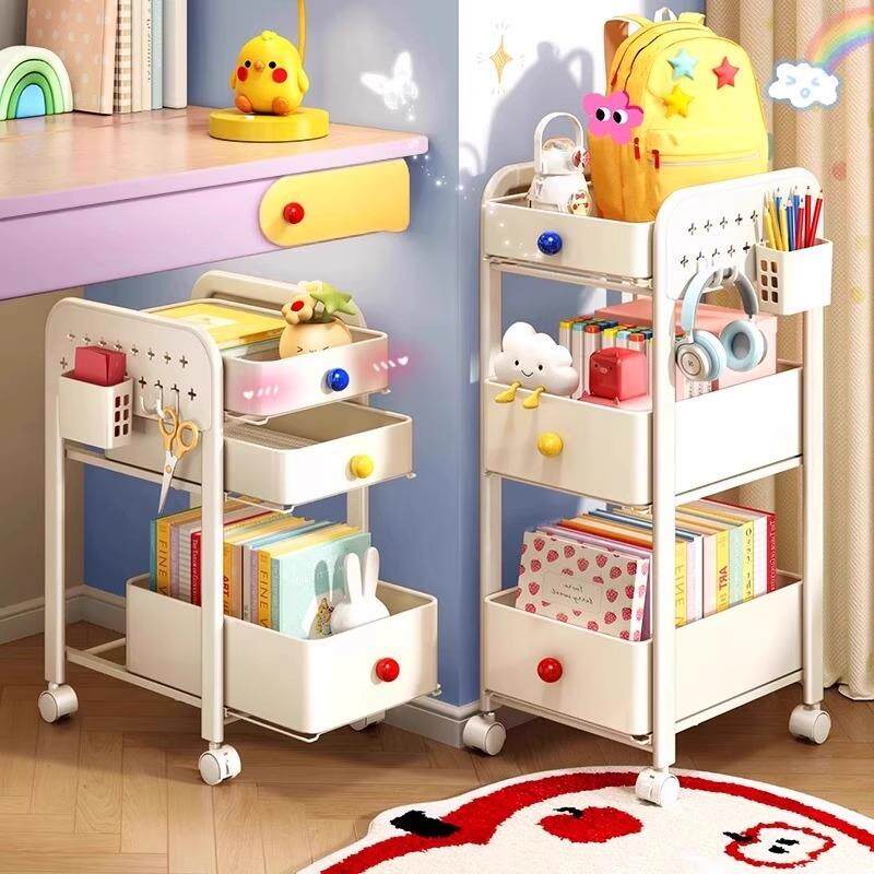 儿童书包置物架多层家用落地书本收纳书架可移动玩具小推车带轮