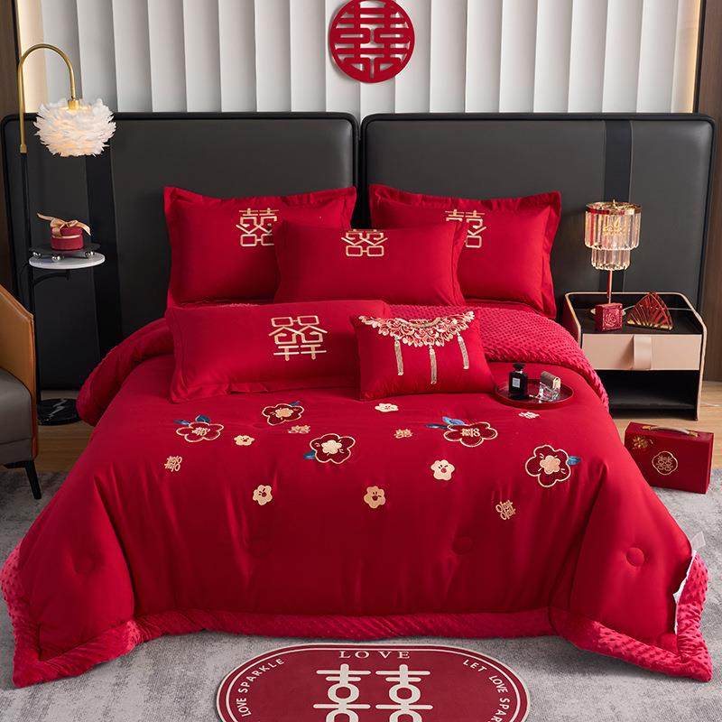 浪漫新婚庆双人被芯加厚保暖四季被单人夏凉被结婚大红色陪嫁毯子