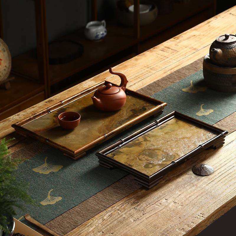 竹制石面茶盘岩石台面壶承干泡台茶具收纳盘梅鹿竹干泡盘茶道配件