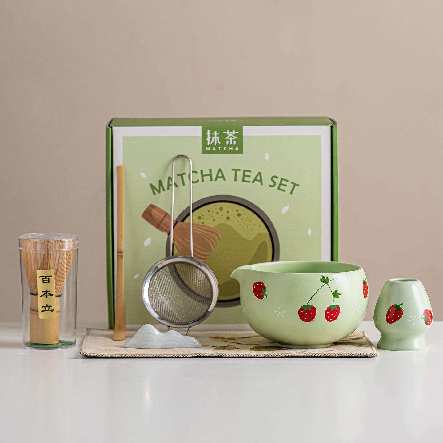 草莓抹茶碗抹茶工具带嘴粉色茶筅笠套装创意可爱卡通贴标