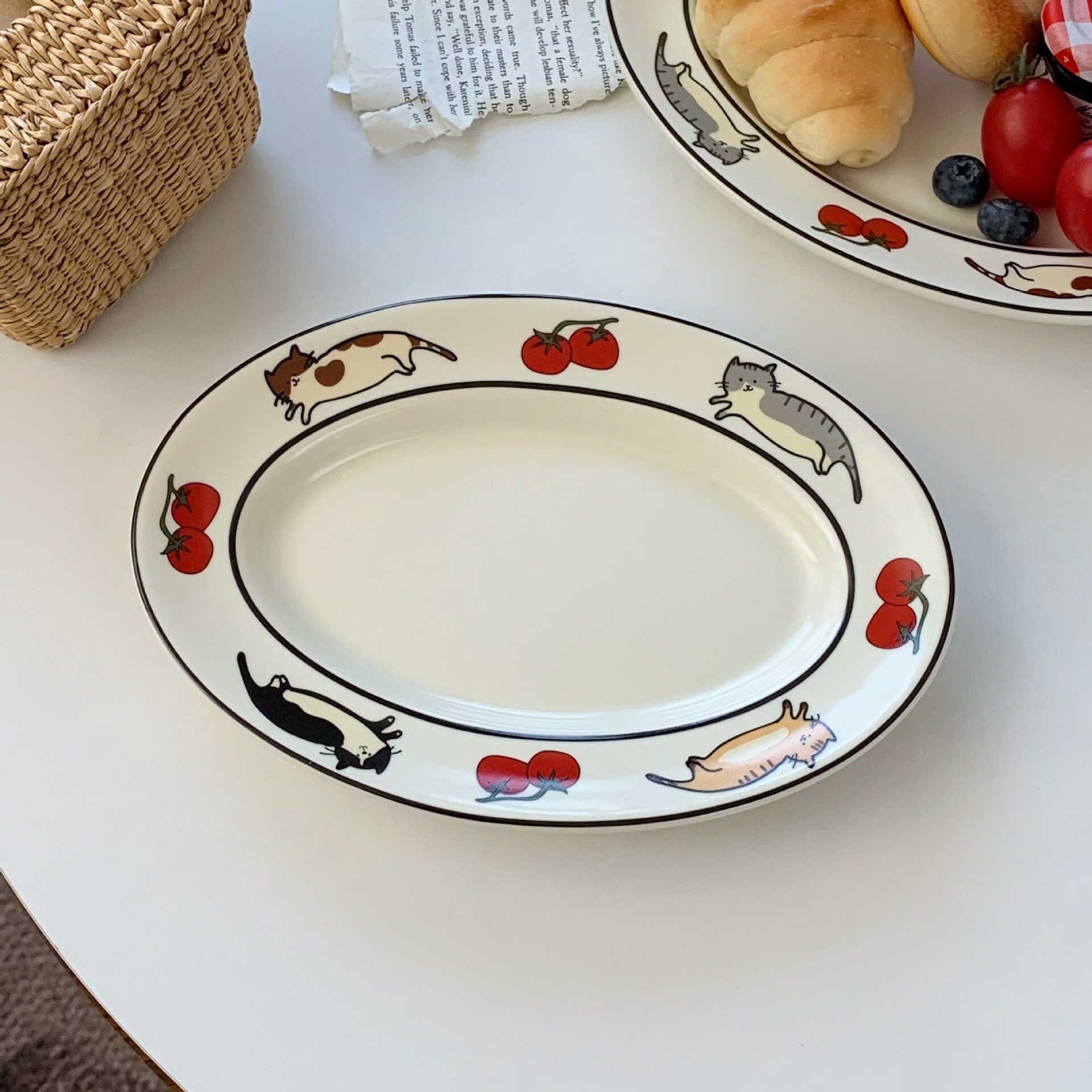 可爱卡通陶瓷盘番茄与猫家用高颜值餐盘水果深盘意面盘下午茶盘子