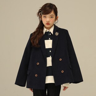 小女森女童春秋学院风灯芯绒宝蓝色西装中大童气质知识分子外套女