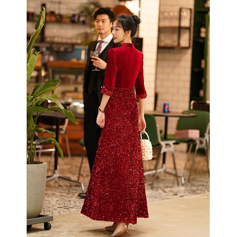 旗袍晚礼服裙女秋冬季高级感回门改良中式订婚红色结婚敬酒服新娘