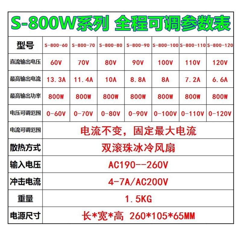 AC220V转0-60V70V110V120V稳压直流可调雕刻机开关电源S-800W-48