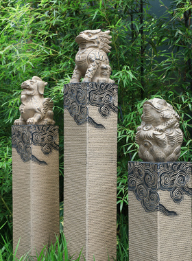 中式仿石雕拴马桩户外别墅门口庭院花园布置装饰招财貔貅麒麟摆件