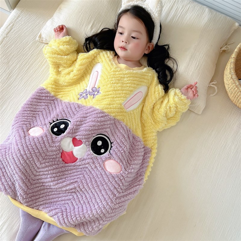 2024秋冬儿童新款法兰绒宽松大款睡裙女童睡袋防踢被男童连体睡衣